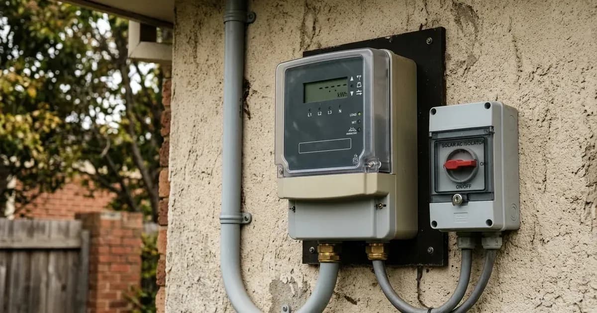 Bi-directional digital utility electricity meter mounted on an exterior wall beside solar conduit. — SolarNevs spec card