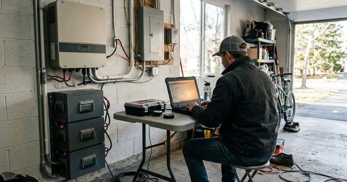 Installer using a laptop on site beside a wall-mounted solar inverter and battery system. — SolarNevs spec card