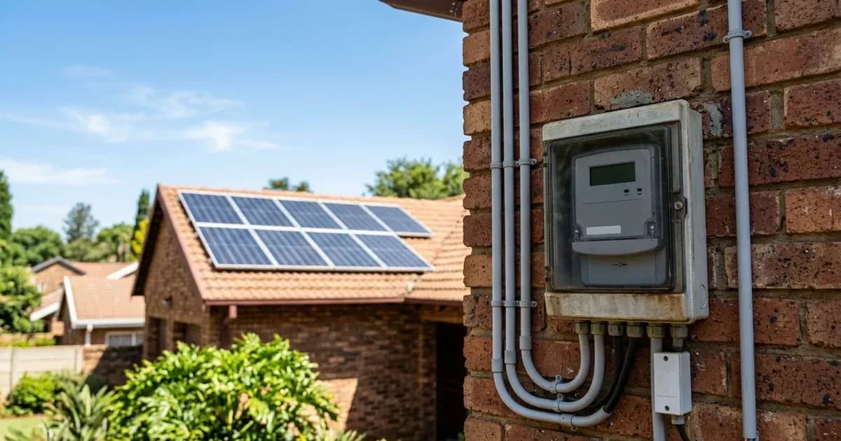 Smart bi-directional electricity meter mounted on a brick wall with rooftop solar panels in the background. — SolarNevs spec card