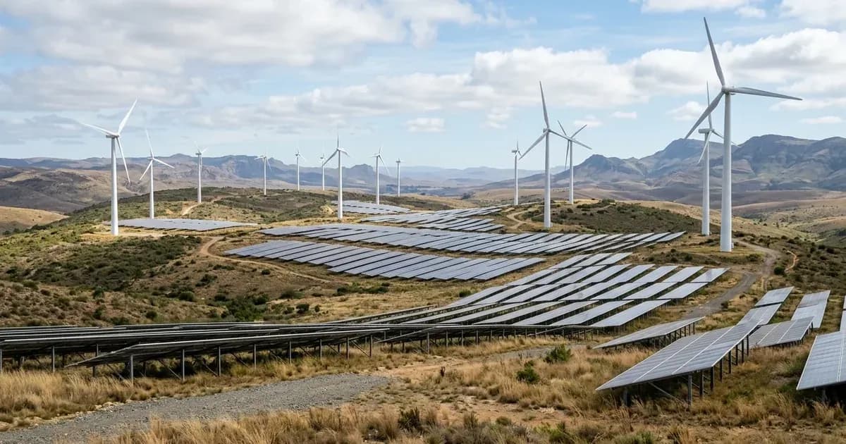 Ground-mounted solar panel array and wind turbines in the Eastern Cape landscape. — SolarNevs spec card