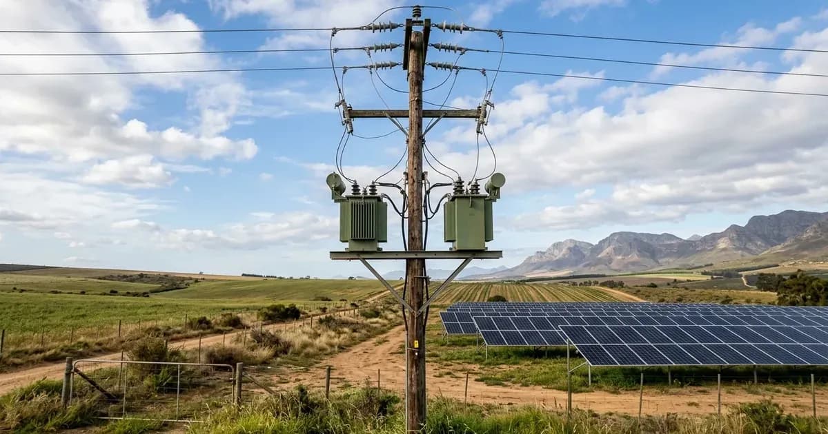 Utility transformer pole and power lines connected to a rural farm with on-site solar panels. — SolarNevs spec card