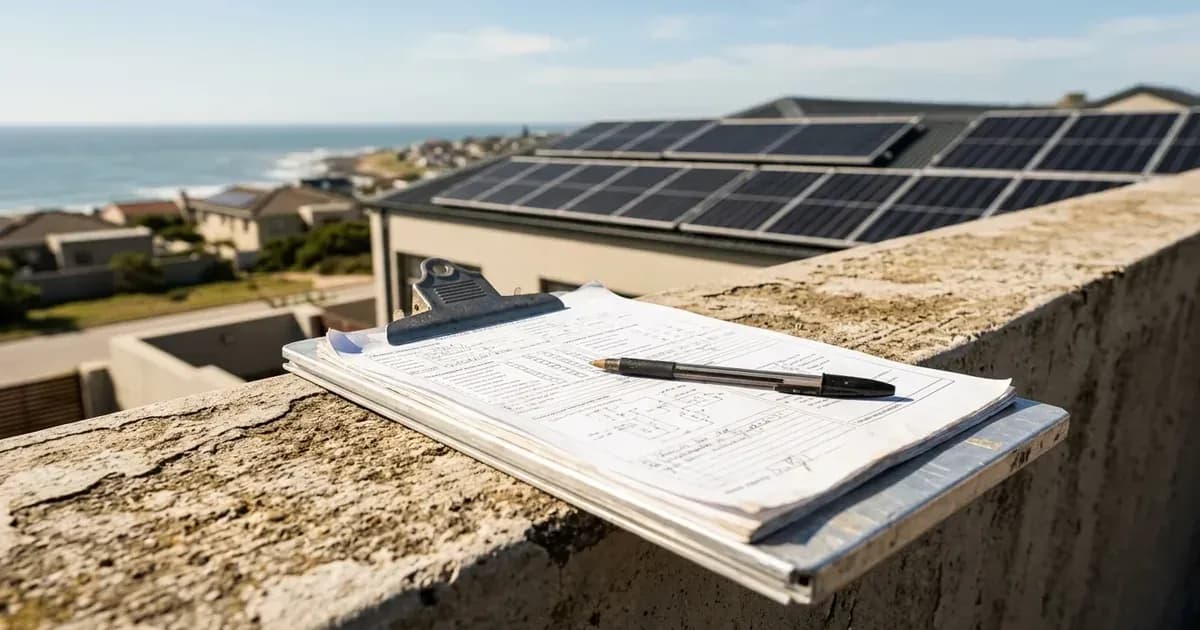 Electrical compliance inspection clipboard on a rooftop overlooking residential solar panels in Gqeberha. — SolarNevs spec card