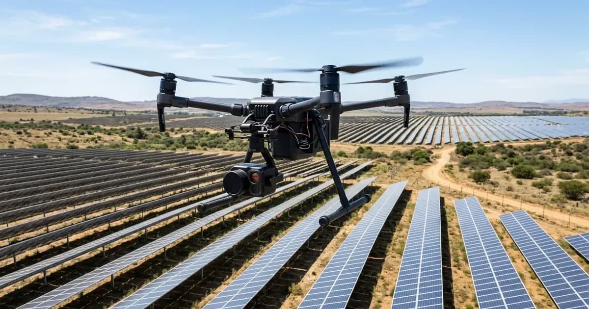 Multirotor drone with thermal camera inspecting ground-mounted solar panel arrays in South Africa. — SolarNevs spec card
