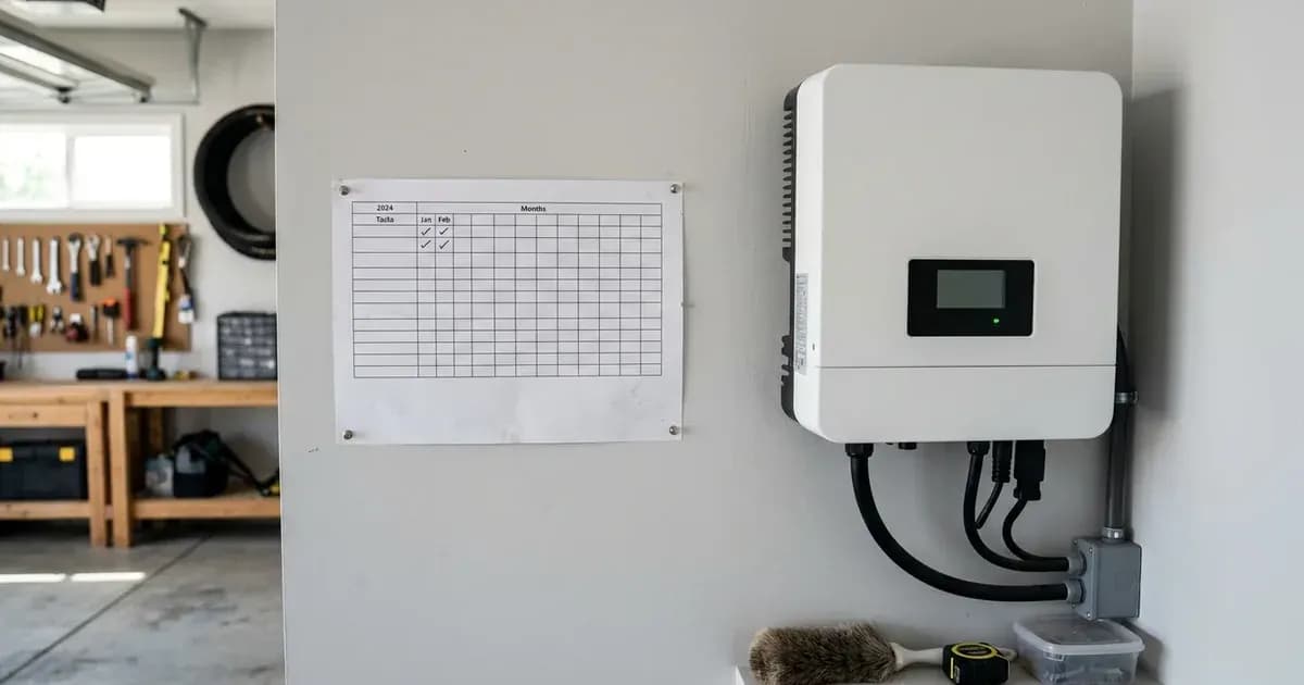Annual maintenance checklist calendar pinned to a garage wall beside a solar inverter. — SolarNevs spec card