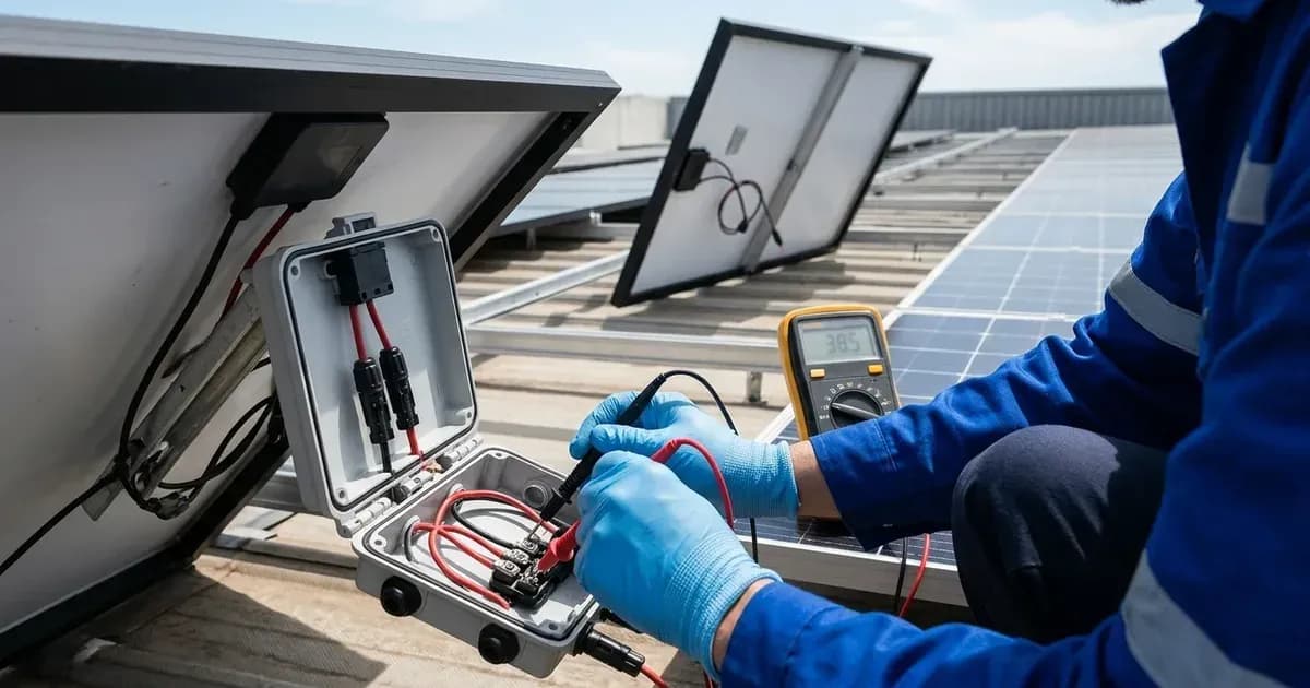 Technician testing a rooftop solar panel junction box with multimeter probes while replacing a module. — SolarNevs spec card