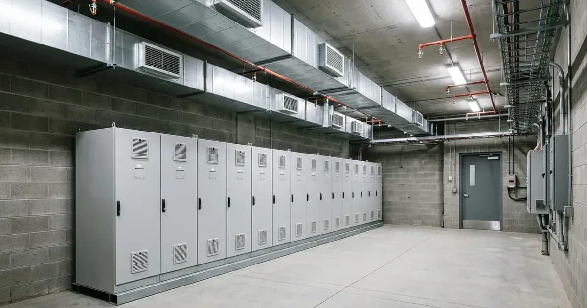 Commercial solar battery room with fire compartment walls, ceiling ventilation ducts, and battery rack enclosures. — SolarNevs spec card