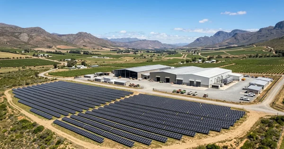 Ground-mounted solar PV array powering agricultural packing sheds and cold storage facilities in South Africa. — SolarNevs spec card