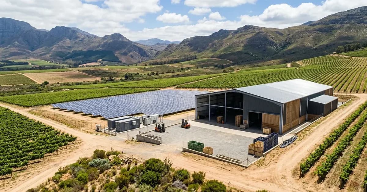 Agricultural packhouse and ground-mounted solar microgrid array among South African vineyards. — SolarNevs spec card