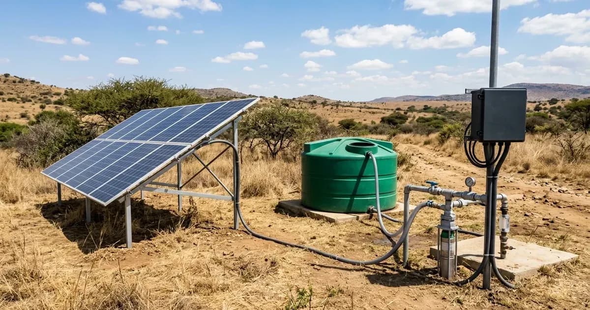 Solar-powered borehole water pumping installation and storage tank in a rural South African field. — SolarNevs spec card