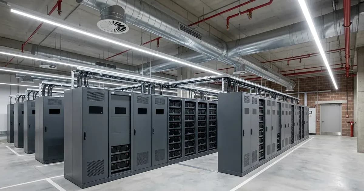 Industrial battery energy storage room with ceiling ventilation ducting and fire suppression piping. — SolarNevs spec card