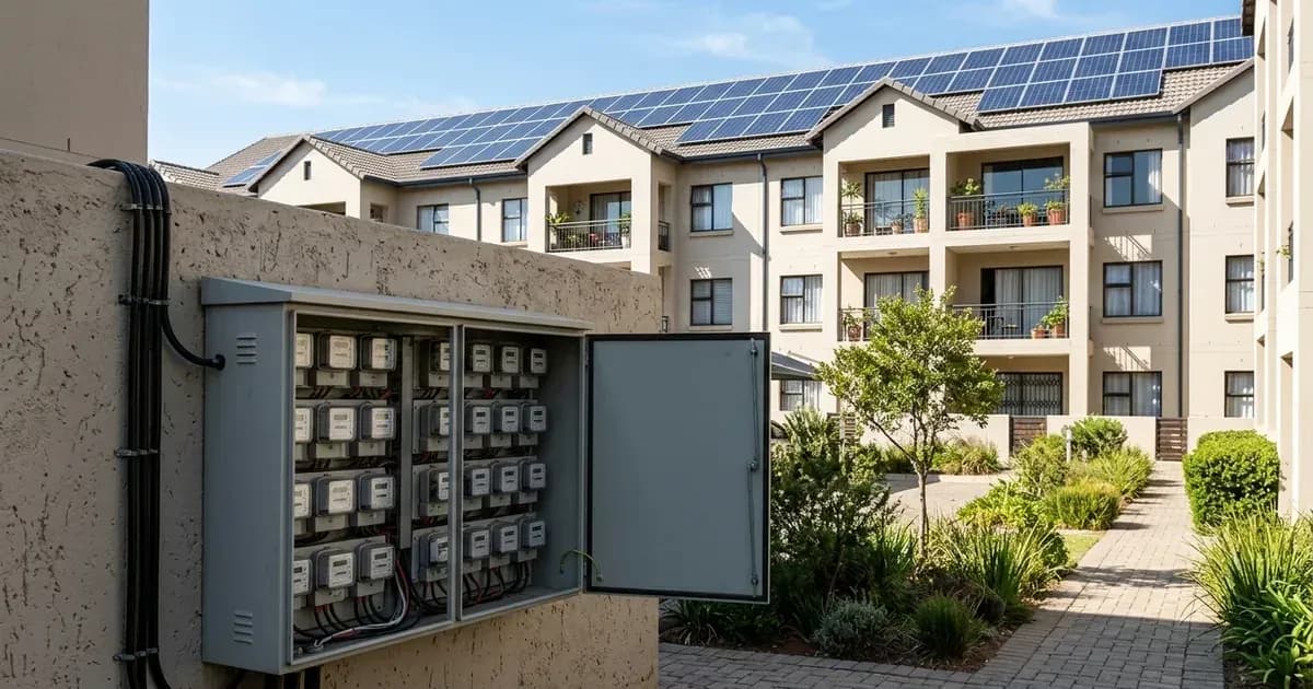 Electrical submetering cabinet at a residential apartment complex equipped with rooftop solar panels. — SolarNevs spec card
