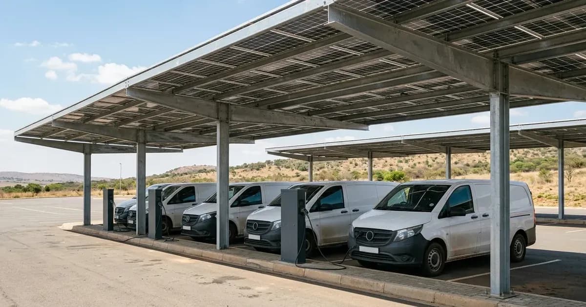 Commercial solar carport canopy with electric fleet vans charging in an outdoor parking area. — SolarNevs spec card