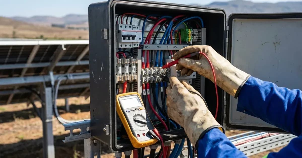 Technician testing electrical DC combiner box terminals with a multimeter at a commercial solar plant. — SolarNevs spec card