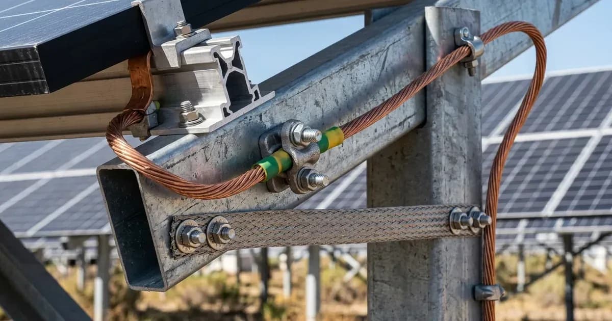 Copper earthing conductor cable and bonding strap attached to a solar panel metal mounting structure. — SolarNevs spec card