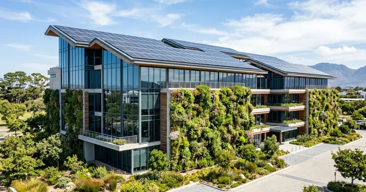 Sustainable modern commercial building with rooftop solar panel array and green architectural design. — SolarNevs spec card