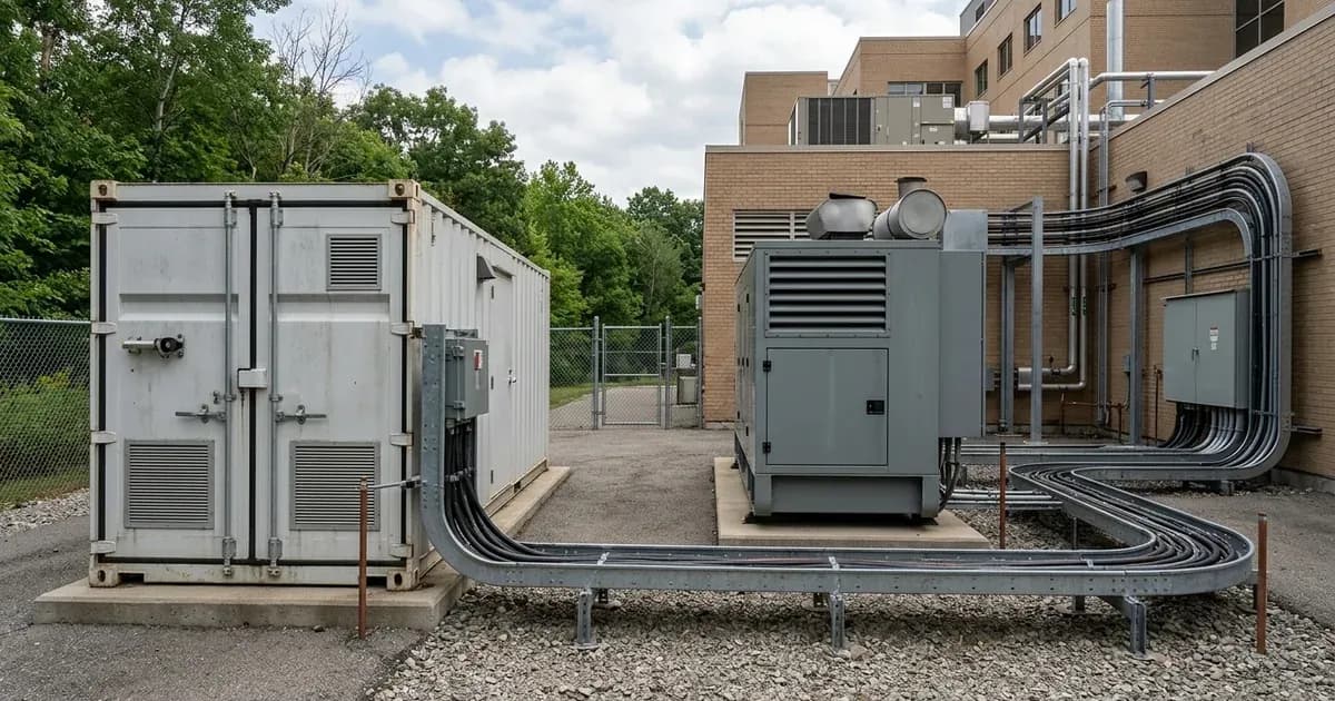 Containerized battery energy storage system and backup generator enclosure at a hospital utility facility. — SolarNevs spec card