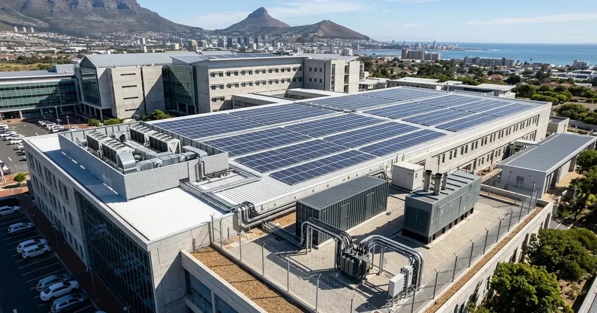 Rooftop solar panel array, battery energy storage container, and backup generator at a hospital in South Africa. — SolarNevs spec card