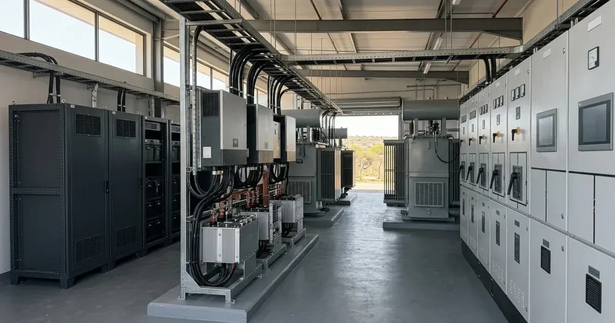 Battery energy storage cabinets and clean power distribution switchgear in a hospital electrical utility room. — SolarNevs spec card