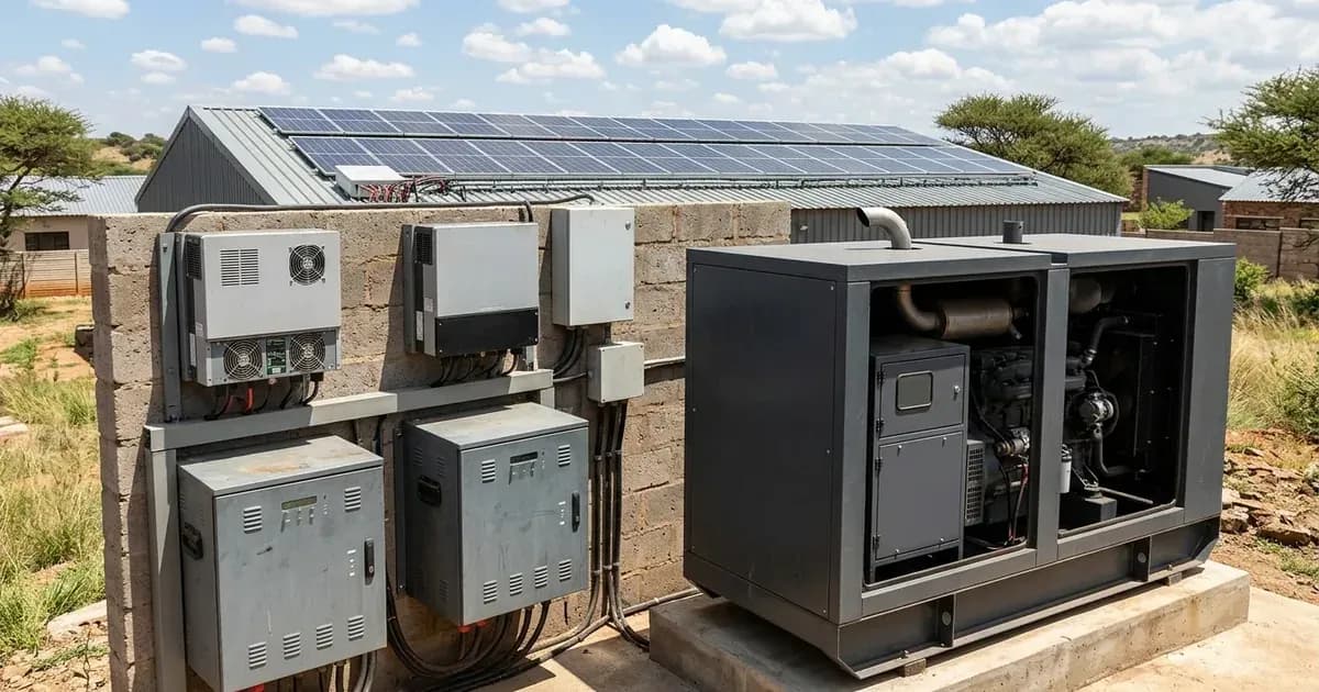 Commercial hybrid solar inverter setup connected to an outdoor standby diesel generator in South Africa. — SolarNevs spec card
