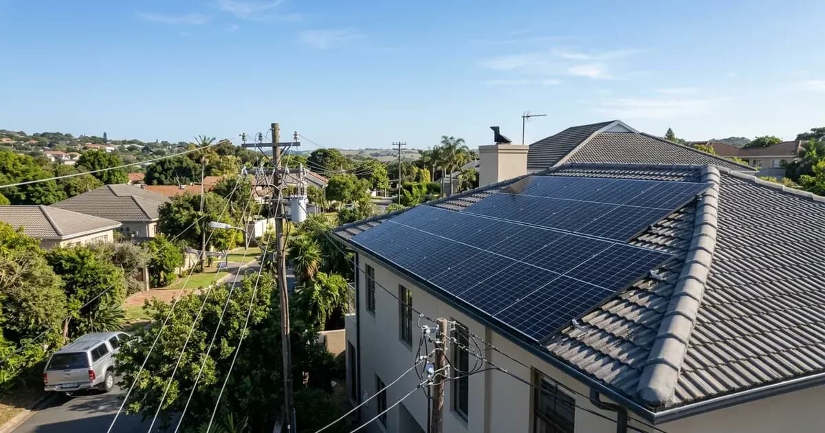 Residential rooftop solar panel array connected to municipal utility grid power lines in South Africa. — SolarNevs spec card