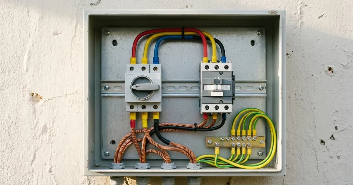 Open electrical sub-panel enclosure showing changeover switch, contactor unit, and neutral-earth wiring. — SolarNevs spec card