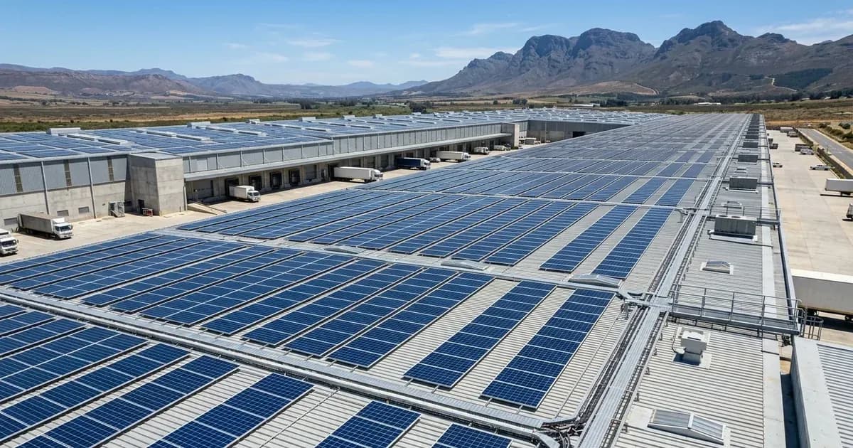 Expansive commercial rooftop solar panel array on an industrial warehouse facility in South Africa. — SolarNevs spec card
