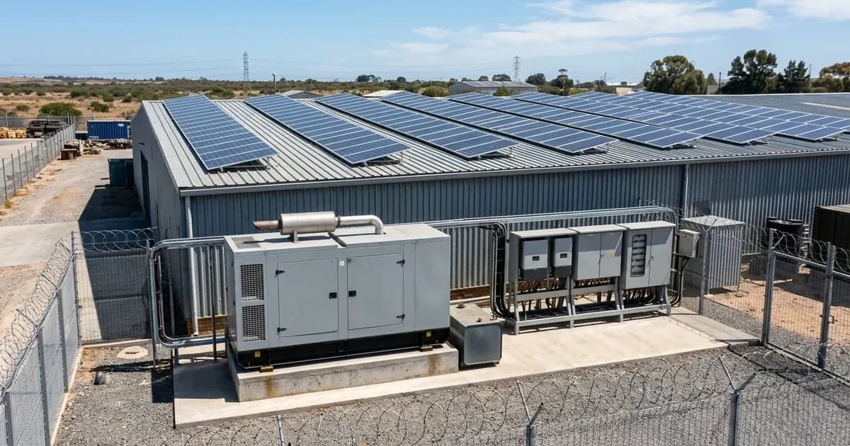 Commercial rooftop solar panels with a backup diesel generator and control cabinets at an industrial site. — SolarNevs spec card