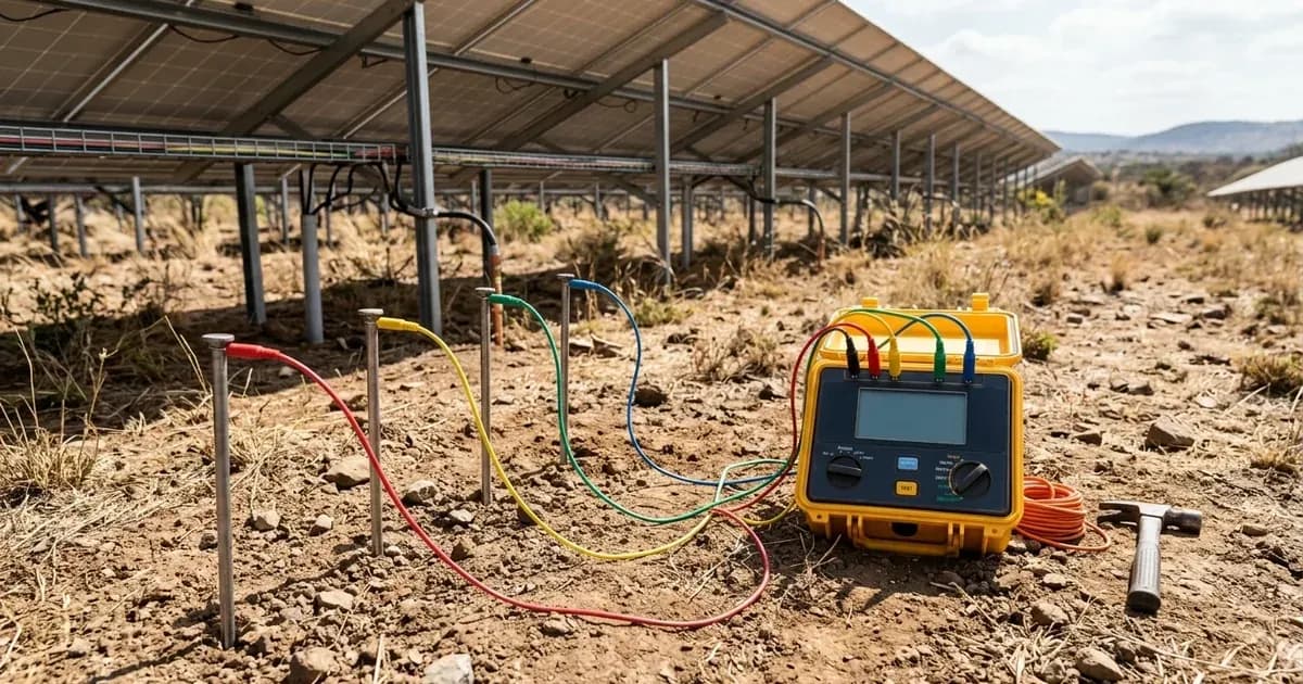 Ground resistance tester with test probes and colored leads beside a solar PV array in South Africa. — SolarNevs spec card