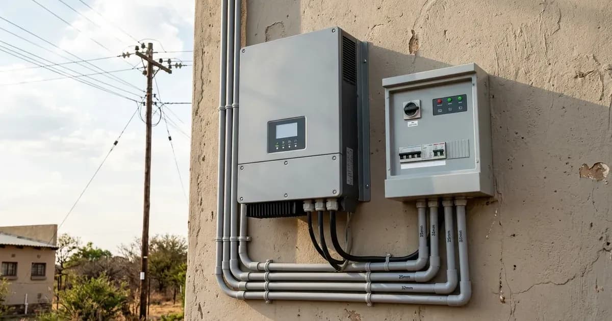 Outdoor commercial solar inverter and AC isolator switchgear with utility power lines in the background. — SolarNevs spec card
