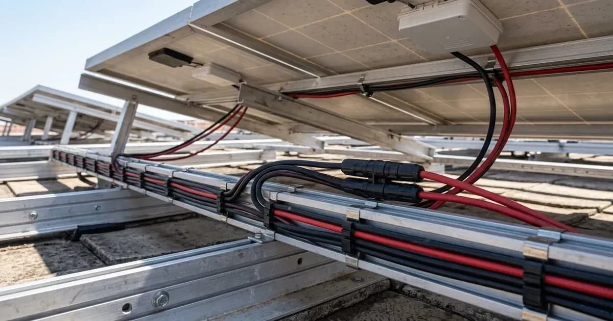 Solar DC string cabling and connectors routed along aluminum mounting rails underneath rooftop solar panels. — SolarNevs spec card