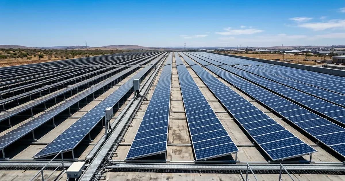 Large commercial rooftop solar panel installation under a clear blue sky in South Africa. — SolarNevs spec card