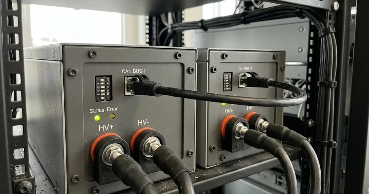 RJ45 CAN bus communication cable and DIP switch settings connecting modular high-voltage lithium battery units — SolarNevs spec card