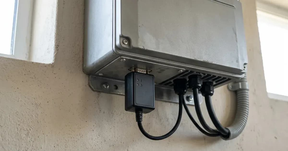 Wireless datalogger module connected to the communication port on the underside of a solar hybrid inverter — SolarNevs spec card