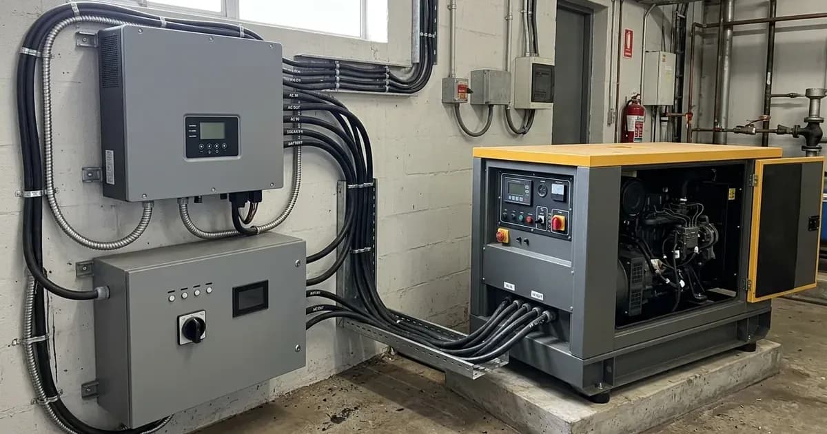 Diesel generator integration with wall-mounted hybrid solar inverter in a plant room — SolarNevs spec card
