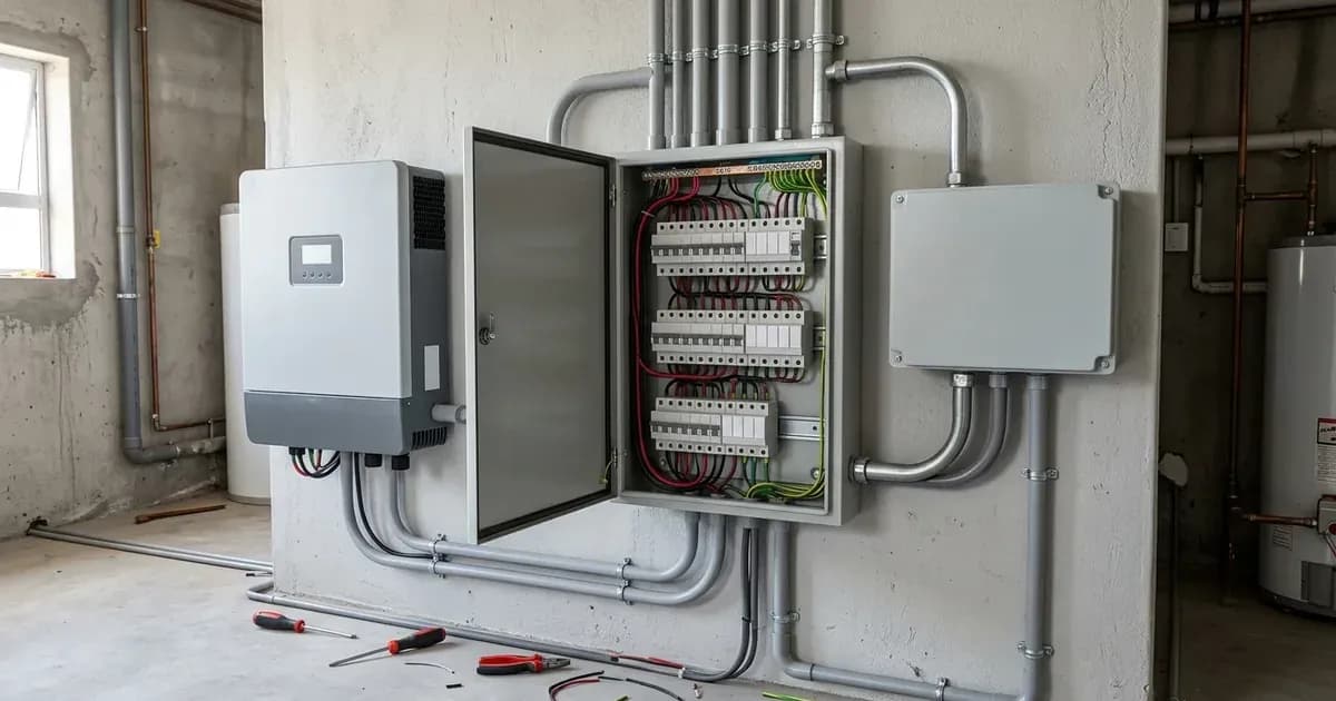 Essential load subboard and automatic transfer switch wiring next to a solar hybrid inverter — SolarNevs spec card