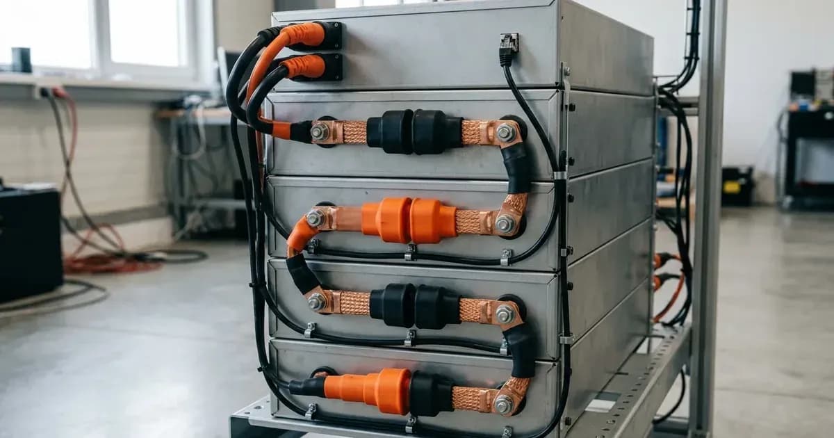 Series power busbars and BMS communication wiring on stacked high-voltage lithium battery modules — SolarNevs spec card