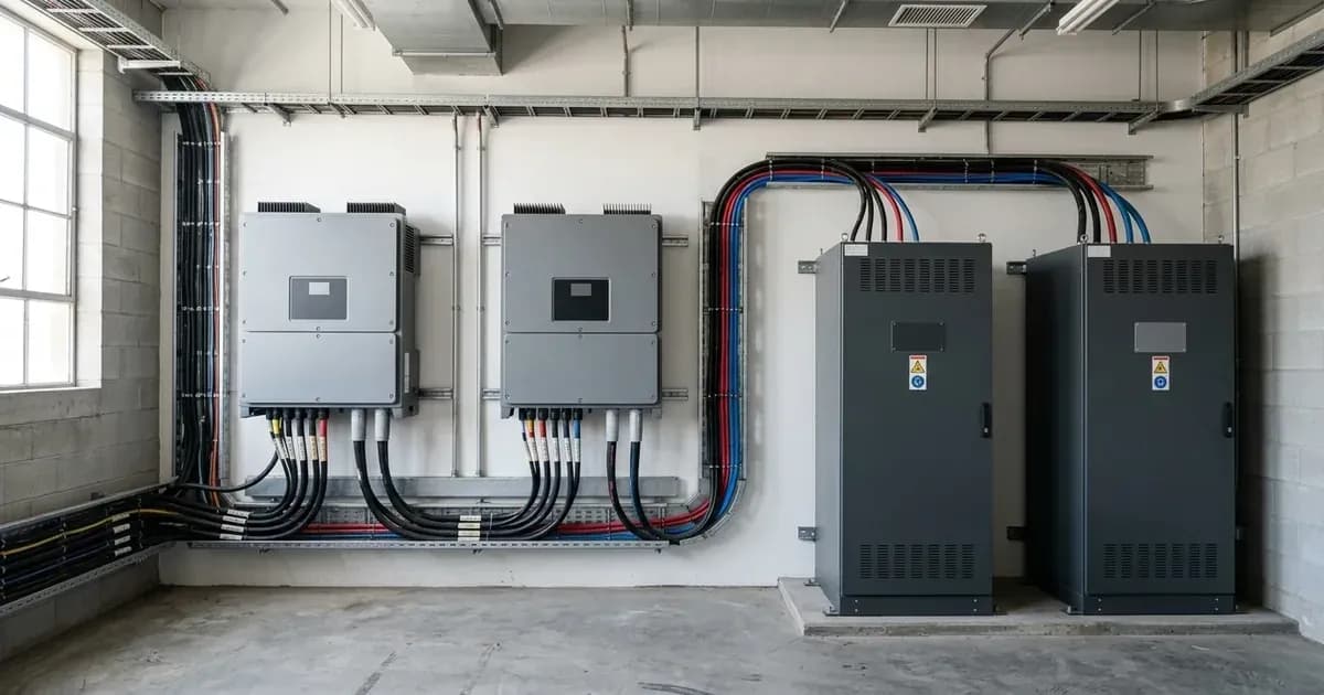 Parallel commercial three-phase hybrid inverters and high-voltage battery cabinets in a plant room — SolarNevs spec card