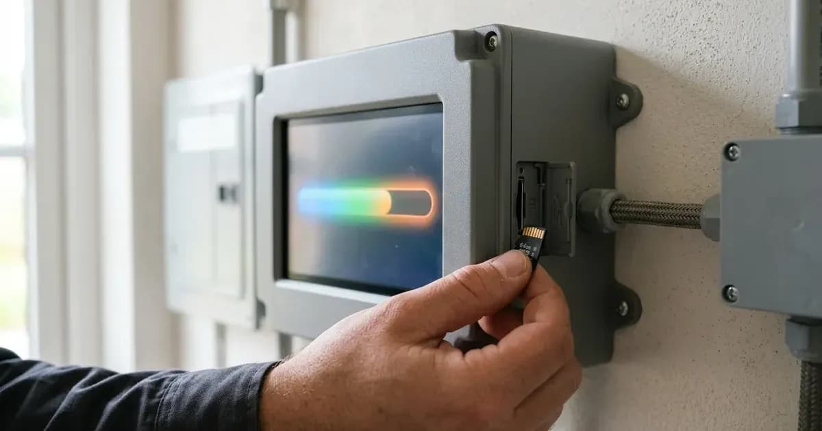 MicroSD card being inserted into the side slot of a system monitoring controller unit — SolarNevs spec card