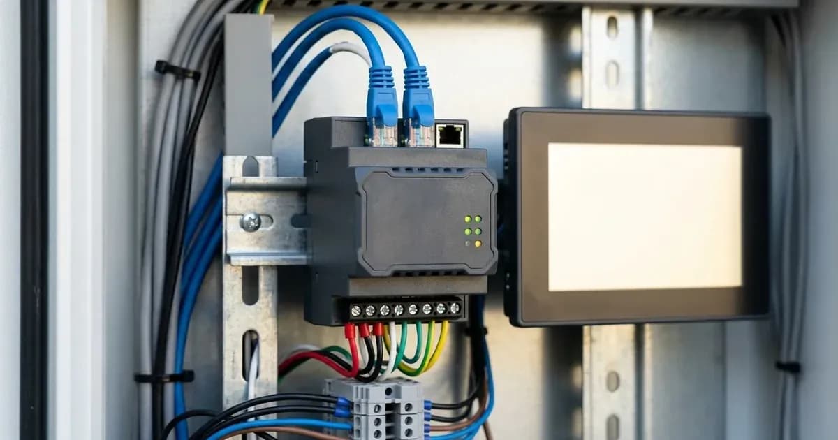 Compact monitoring gateway unit installed on a DIN rail with communication cables and a blank touch display. — SolarNevs spec card