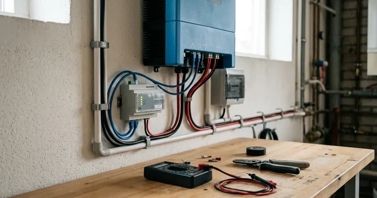 Wall-mounted hybrid inverter and controller unit with multimeter on a workbench during installation. — SolarNevs spec card