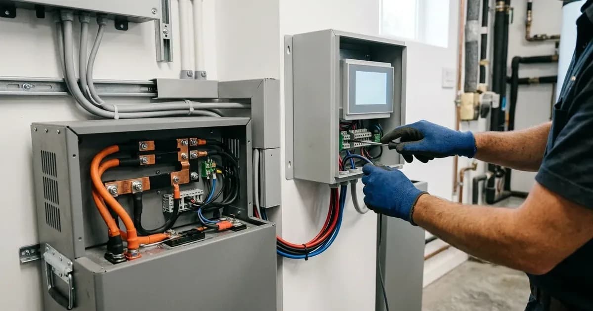 Electrician wiring and setting up a controller module adjacent to a lithium battery enclosure. — SolarNevs spec card