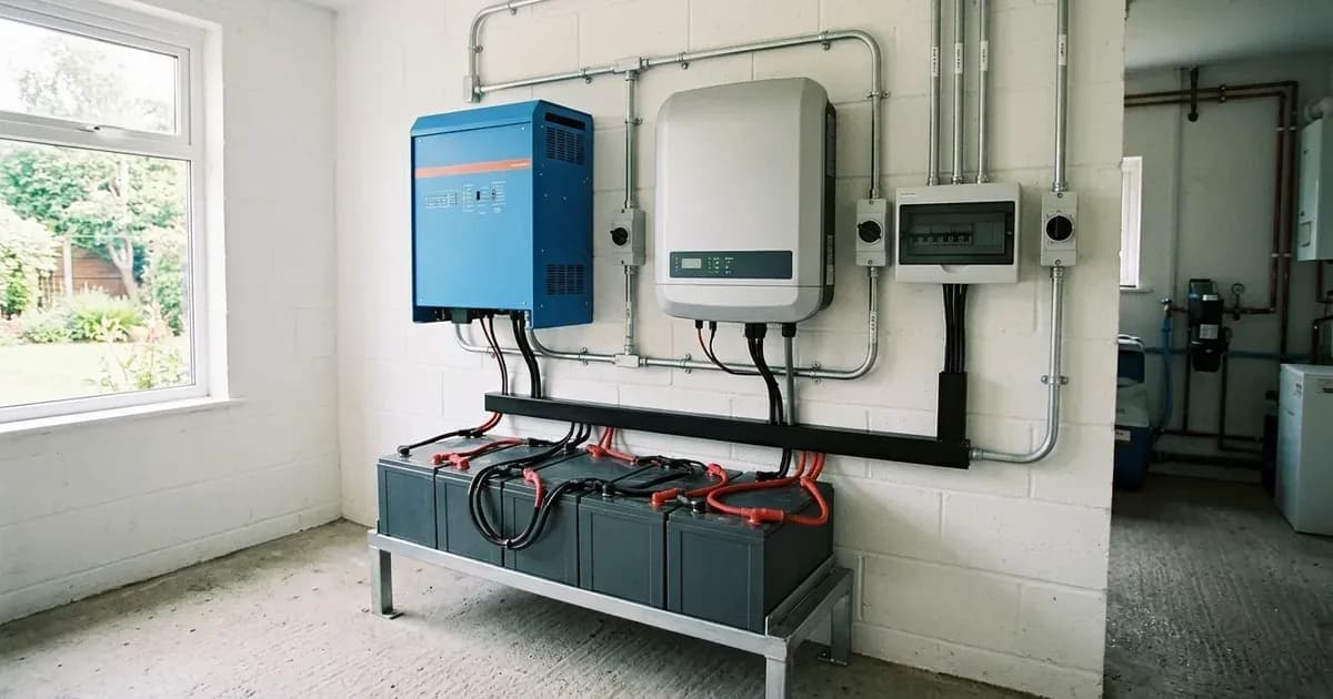 Wall-mounted solar inverter and battery inverter-charger installed with battery bank in an AC-coupled setup. — SolarNevs spec card