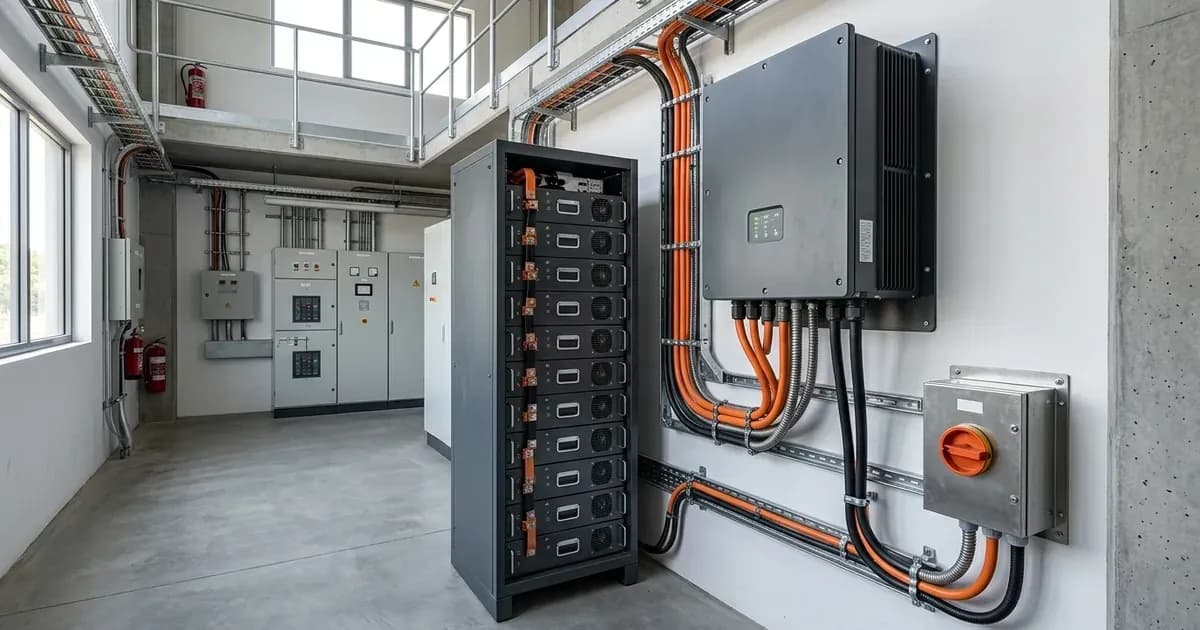 Commercial high-voltage battery storage rack connected to a wall-mounted three-phase inverter. — SolarNevs spec card