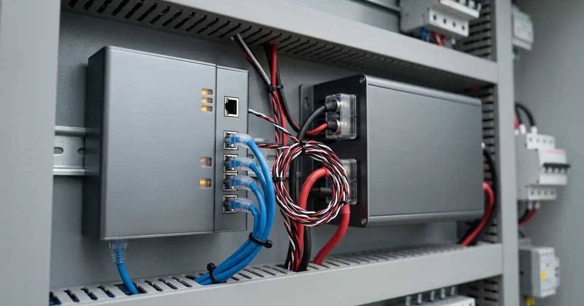Communication gateway unit wired with network cables to a battery controller in an electrical enclosure. — SolarNevs spec card