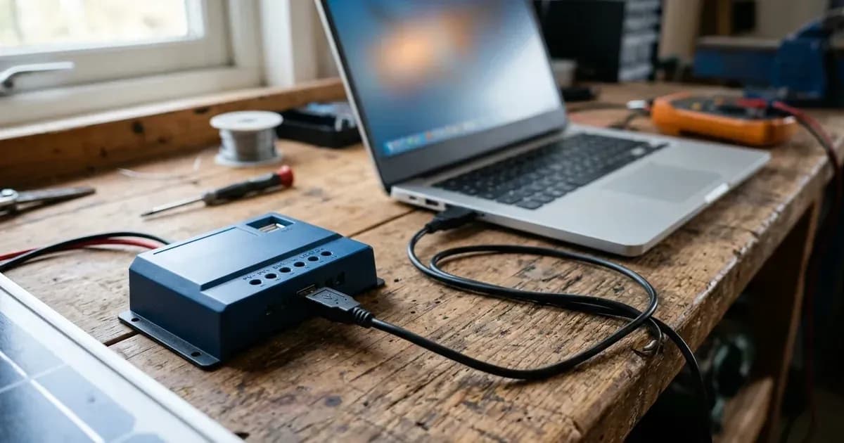USB communication data cable plugged into a compact solar charge controller and an open laptop. — SolarNevs spec card