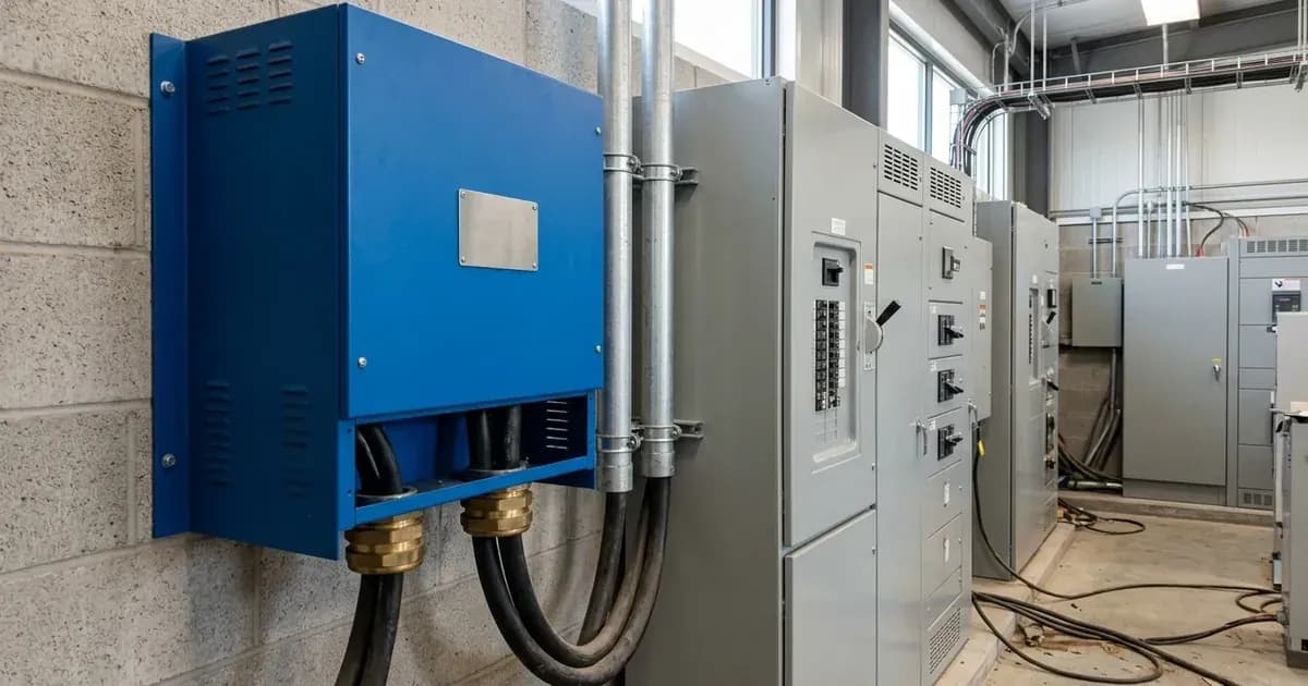 Industrial wall-mounted inverter charger with dual AC input power cables in an electrical control room. — SolarNevs spec card