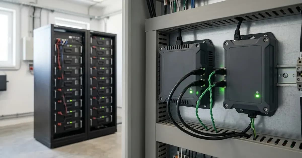 Solar communication gateway and data logger modules installed in a cabinet with battery racks. — SolarNevs spec card