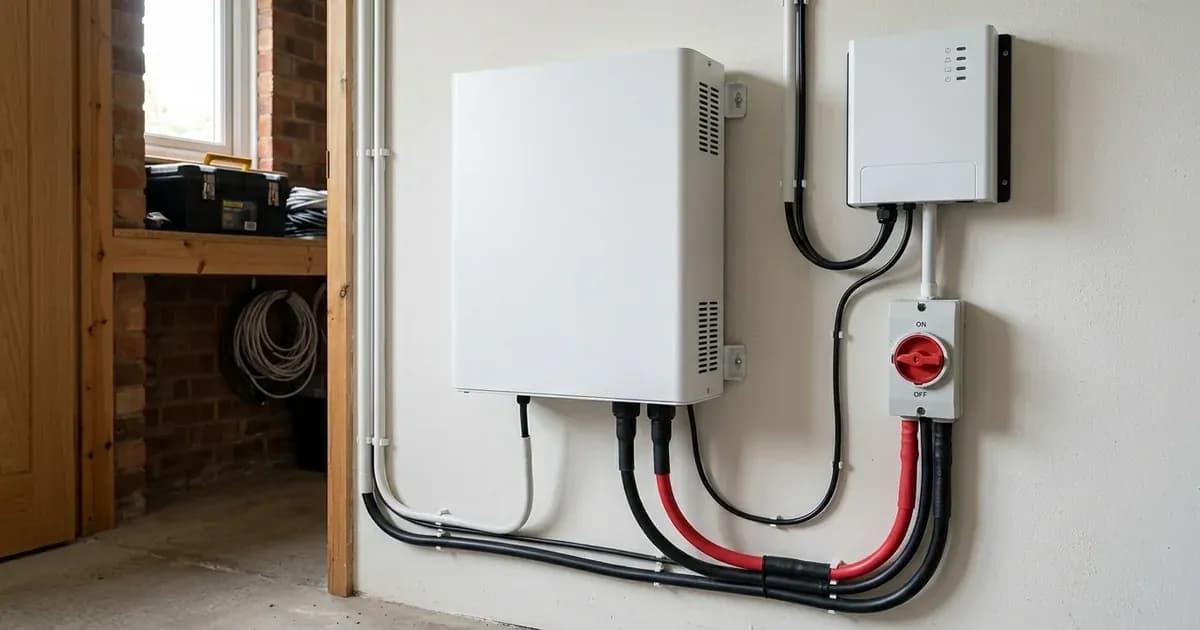 Wall-mounted residential lithium battery pack and solar controller with DC cabling and isolator switch. — SolarNevs spec card