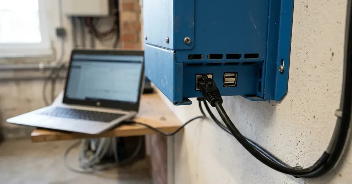 Communication cable connected to an RJ45 port on a blue solar inverter with a laptop on a workbench. — SolarNevs spec card