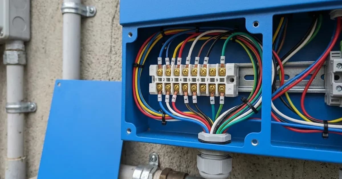 Open terminal compartment of a blue solar inverter showing wired relay terminal connections and signal cables. — SolarNevs spec card